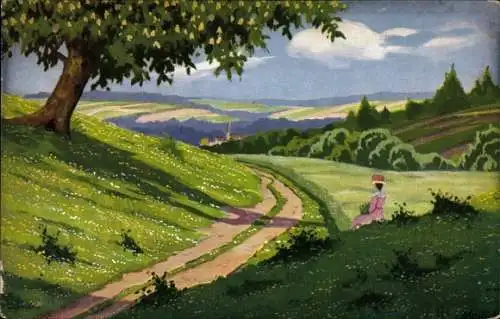 Künstler Ak Mailick, Frau auf Blumenwiese, Baum, Straße