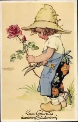 Künstler Ak Lungershausen, Ilse Wende, Glückwunsch Geburtstag, Mädchen mit Rose, Blumenpflege