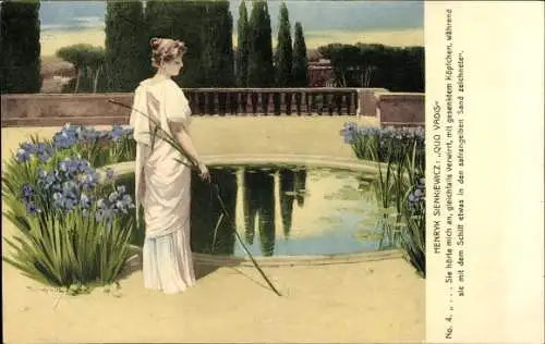 Künstler Ak Stachiewicz, Piotr, Henryk Sienkiewicz, Quo Vadis, Frau zeichnet mit Schilf in den Sand