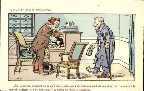 Künstler Ak Morin, L., Kranker Soldat, Verband, Krücke, Amt, Behörde, Schreibtisch, Stühle