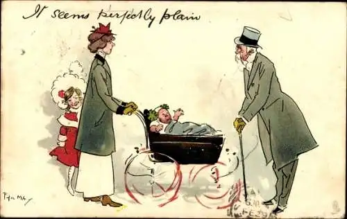 Künstler Ak May, Phil, Frau mit Baby im Kinderwagen, alter Mann