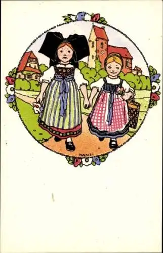 Künstler Ak Hansi, Elsässer Mädchen in Trachten