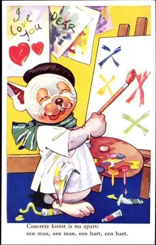 Künstler Ak Studdy, George E., Bonzo the Dog, Hund als Maler, Staffelei