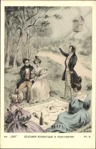 Künstler Ak Paris XVIII., Männer und Frauen beim Picknick, Montmartre