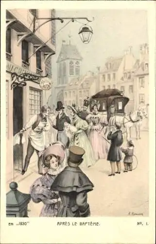 Künstler Ak Familie geht nach der Taufe in ein Gasthaus