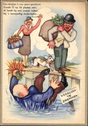 Künstler Ak Lensen, Schwimmen verboten, Mann ist ins Wasser gefallen