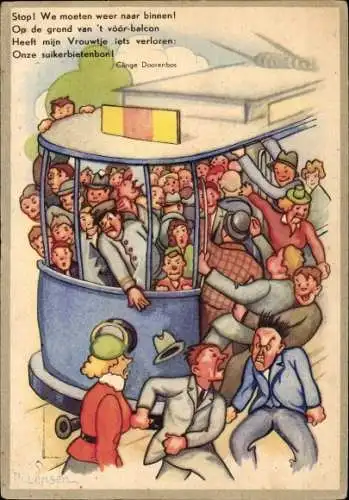 Künstler Ak Lensen, Niederlande, Überfüllte Straßenbahn