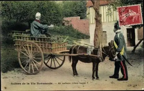 Ak Normandie, Französische Tracht, Fuhrwerk, Esel