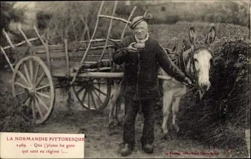 Ak Normandie, Bauer mit Esel, Eselkarren, Französische Tracht