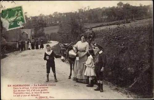 Ak Normandie, Milchfrau, Kinder, Esel, Milchverkauf