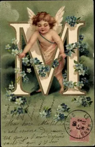 Präge Buchstaben Ak Buchstabe M, Vergissmeinnicht, Engel