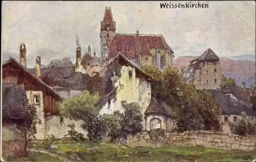 Künstler Ak Lach, Fritz, Weißenkirchen Niederösterreich, Kirche, Nibelungenweg
