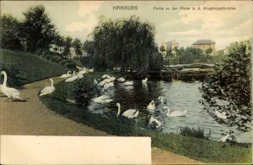 Ak Hamburg, an der Alster, Krugkoppelbrücke, Schwäne