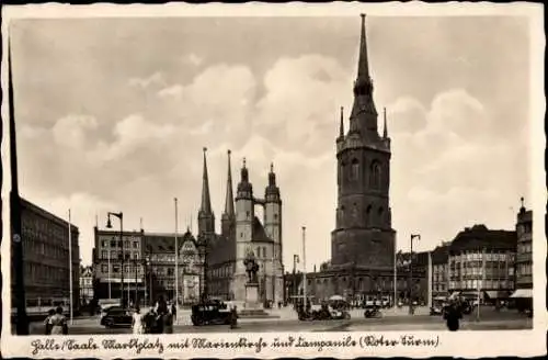 Ak Halle Saale, Marktplatz mit Marienkirche und Roter Turm, Händeldenkmal