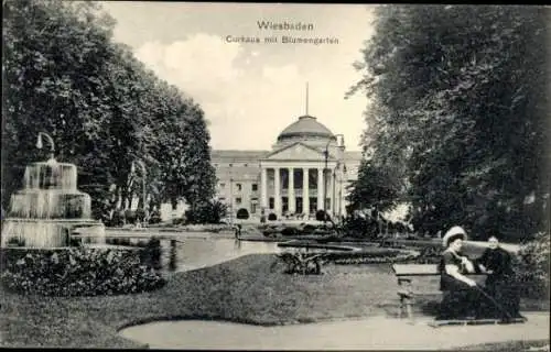 Ak Wiesbaden in Hessen, Kurhaus mit Blumengarten