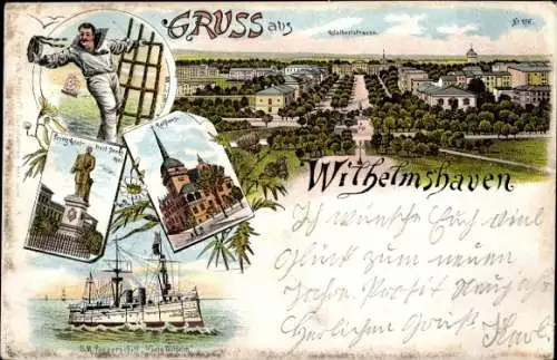 Litho Wilhelmshaven, Adalbertstraße, Rathaus, SM Panzerschiff König Wilhelm, Denkmal, Matrose