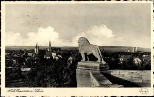 Ak Mühlhausen in Thüringen, Statue Löwe, Blick auf die Stadt