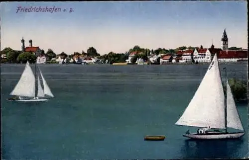 Ak Friedrichshafen am Bodensee, Teilansicht, Segelboote, Kirchtürme