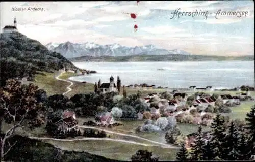 Ak Herrsching am Ammersee, Gesamtansicht, Kloster Andechs