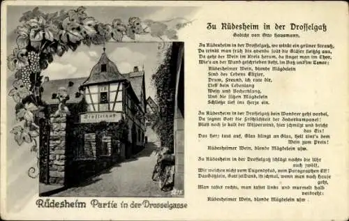 Ak Rüdesheim am Rhein, Partie in der Drosselgasse, Fachwerkhaus, Gedicht Otto Hausmann