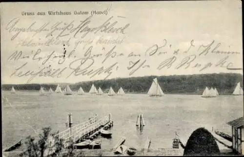 Ak Berlin Zehlendorf Nikolassee, Insel Lindwerder, Havel, Wirtshaus Gatow, Seebrücke, Segelboot