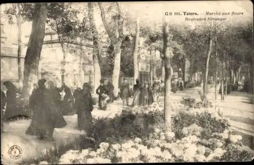 Ak Tours Indre et Loire, Boulevard Beranger, Blumenmarkt