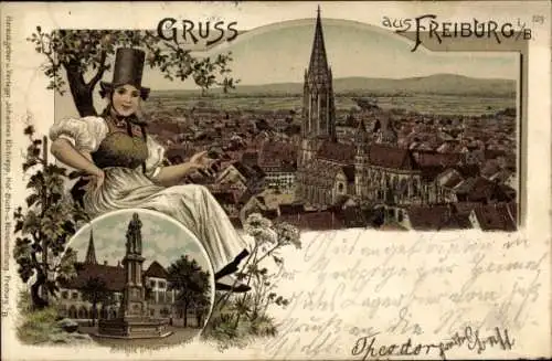 Litho Freiburg im Breisgau, Teilansicht, Münster, Berthold Schwarz Denkmal, Glückwunsch Neujahr