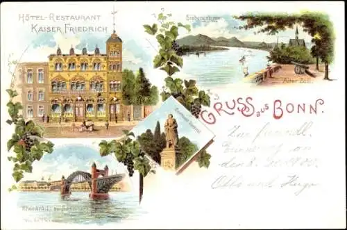 Litho Bonn am Rhein, Hotel Restaurant Kaiser Friedrich, Rheinbrücke, Siebengebirge