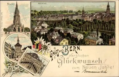 Litho Berne Bern Stadt Schweiz, Münster, Gesamtansicht, Rathaus, Neujahr