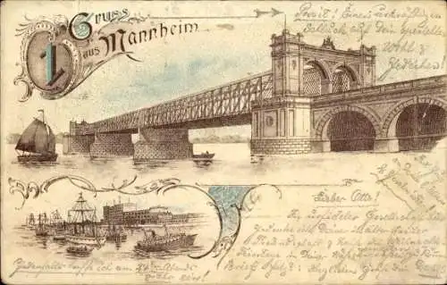 Litho Mannheim in Baden, Brücke, Hafen