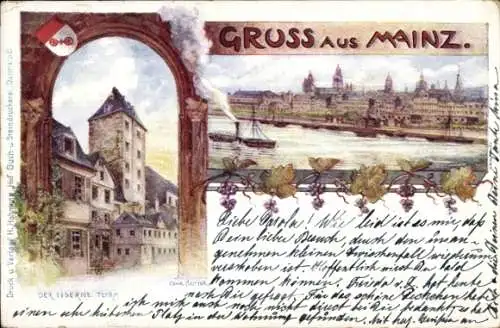 Wappen Künstler Litho Sutter, Conr., Mainz am Rhein, Der eiserne Turm, Panorama, Dampfer