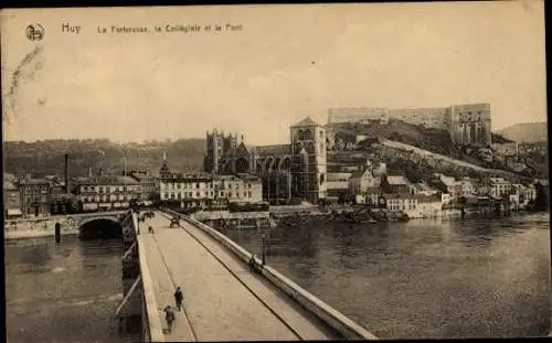 Ak Huy Wallonia Lüttich, Die Festung, die Stiftskirche und die Brücke