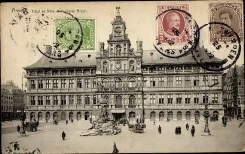 Ak Antwerpen Antwerpen Flandern, Rathaus und Brabo-Brunnen