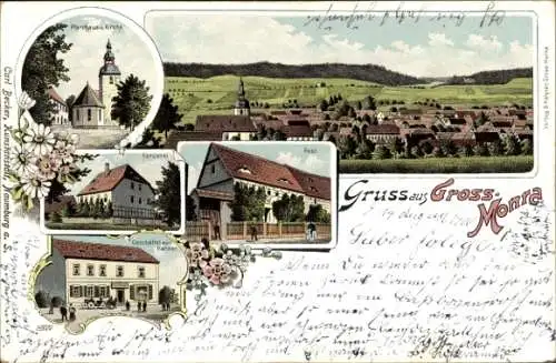 Litho Großmonra Kölleda Thüringen, Pfarrhaus, Kirche, Försterei, Post, Geschäftshaus Hähner