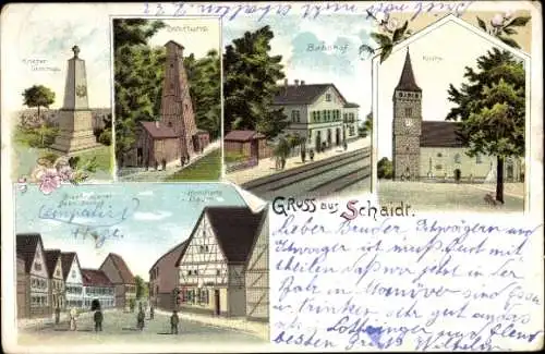 Litho Schaidt Wörth am Rhein in der Pfalz, Bohrturm, Bahnhof, Gleisseite, Kirche, Bierbrauerei