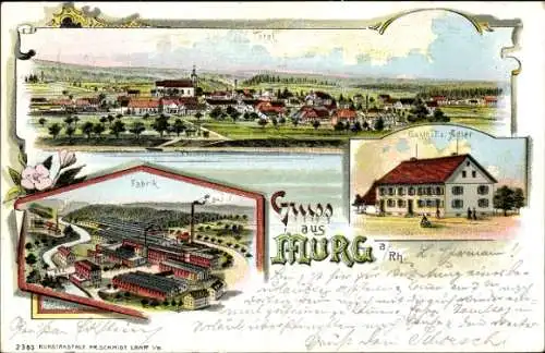 Litho Murg am Hochrhein Baden, Fabrik, Gasthof zum Adler, Totalansicht