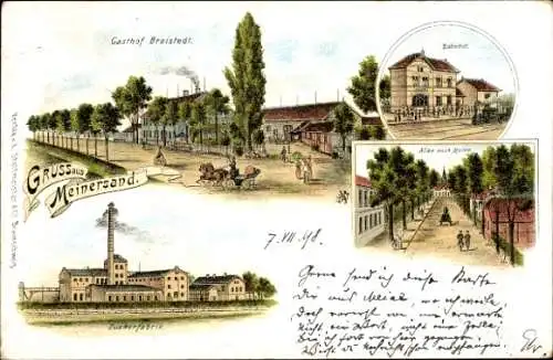 Litho Meinersand Meine in Niedersachsen, Bahnhof, Gleisseite, Gasthof Broistedt, Zuckerfabrik