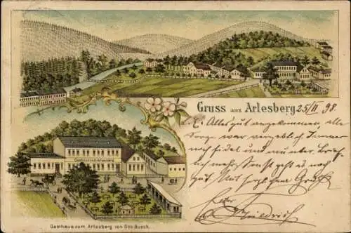 Litho Arlesberg Geratal in Thüringen, Gasthaus zum Arlesberg, Totalansicht