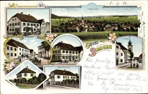 Litho Bargen in Baden Württemberg, Kirche, Pfarrhaus, Totalansicht, Gasthaus