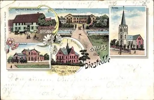 Litho Diestedde Wadersloh im Kreis Warendorf, Gasthof C. Berlinghoff, Bahnhof, Krankenhaus, Kirche