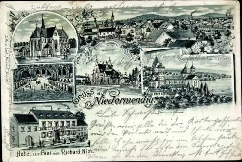 Litho Niedermendig Mendig in der Eifel, Klosterkirche, Hotel zur Post, Bahnhof, Gleisseite