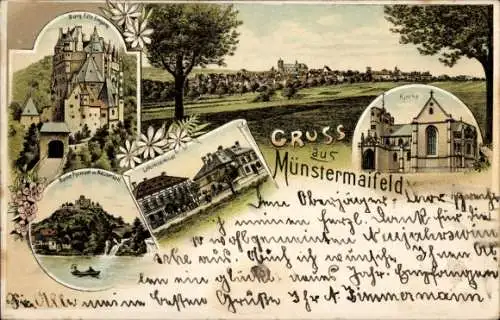 Litho Münstermaifeld an der Mosel, Panorama, Kirche, Burg Eltz, Lehrerseminar