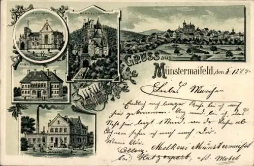 Litho Münstermaifeld an der Mosel, Panorama, Burg Eltz, Lehrerseminar, Kirche, Fabrik