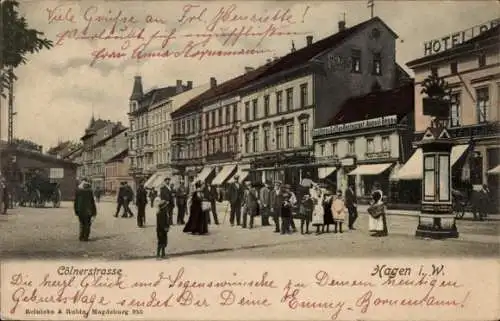 Ak Hagen in Westfalen, Kölner Straße, Geschäfte, Hotel, Passanten