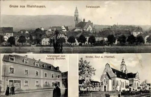 Ak Rheinhausen im Breisgau, Gesamtansicht, Kirche, Asyl, Pfarrhof, Warenlager von Ludwig Buchner