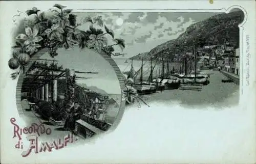 Mondschein Litho Amalfi Campania, Strand, Boote, Promenade