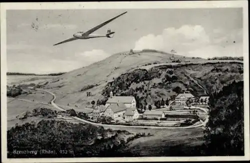 Ak Kreuzberg Bischofsheim Rhön, Berggasthof Bavaria, Segelflugzeuig im Flug