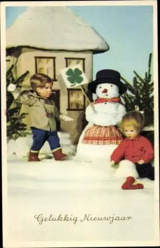 Ak Glückwunsch Neujahr, Puppen mit Schneemann