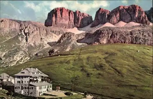 Ak Pordoijoch, Dolomitenstraße, Christomanoshaus, Sellagruppe