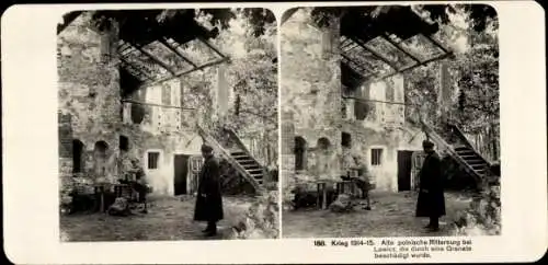 Stereo Foto Lowicz Lowitsch Polen, Durch Granate beschädigte polnische Ritterburg, I WK